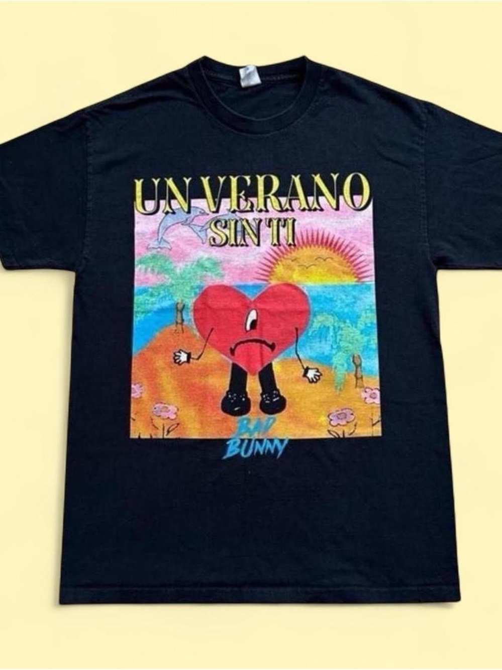 Bad Bunny Un Verano Sin Ti album Tee - Black with Colorful Sunset Artwork M